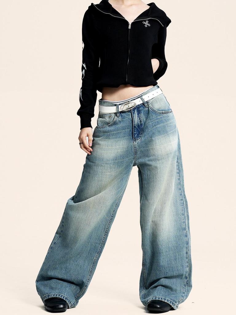 Yongfang Unisex Retro Blue Jeans: Casual Washed, Whiskered, Trendy Straight-Leg, Loose-Fit Pants