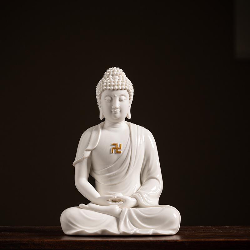 Keramik Shakyamuni Buddha Statue - Wohnzimmer Kunstwerk mit den Drei Heiligen und Lichtkreis Design