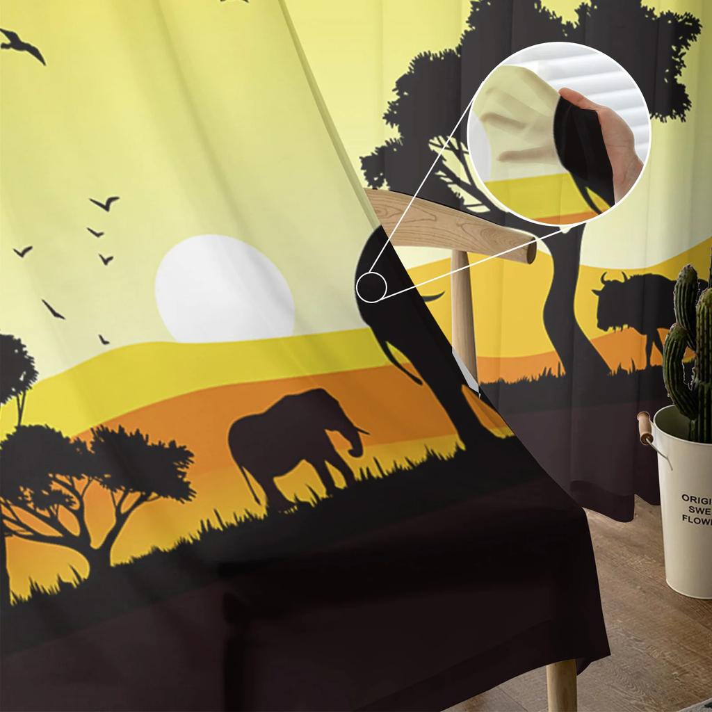 Africká západ slunce krajina zvíře slon silueta průsvitné závěsy do obývacího pokoje okenní závěsy kuchyňské tylové záclony