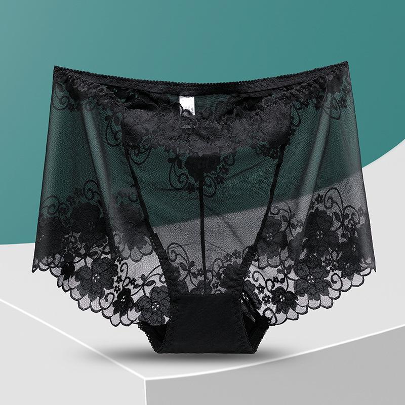 Plus Size Lady Summer Sexy Lace Hollow Out Perspective High Waist Triangle Briefs
