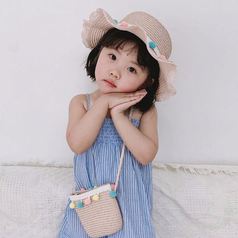 Kids Girls Pompom Ball Colorful Summer Hat Sun Protection Straw Woven Beach Hat Handbag Bucket Cap