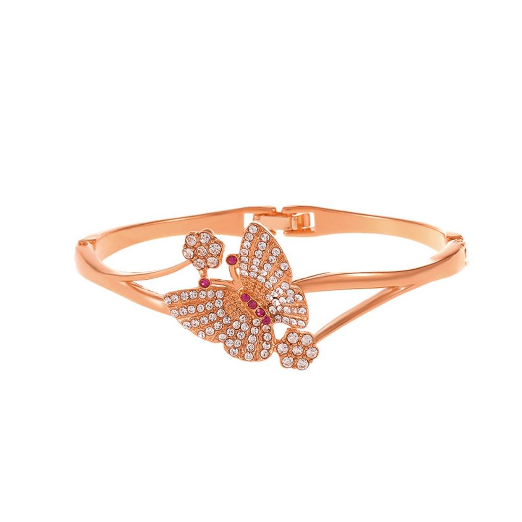 Vintage Full Paved Stone Butterfly Flower Bangle Dual Hollow Curved Band Snap Clasp Floral Insect Statement Wrist Jewelry for Women