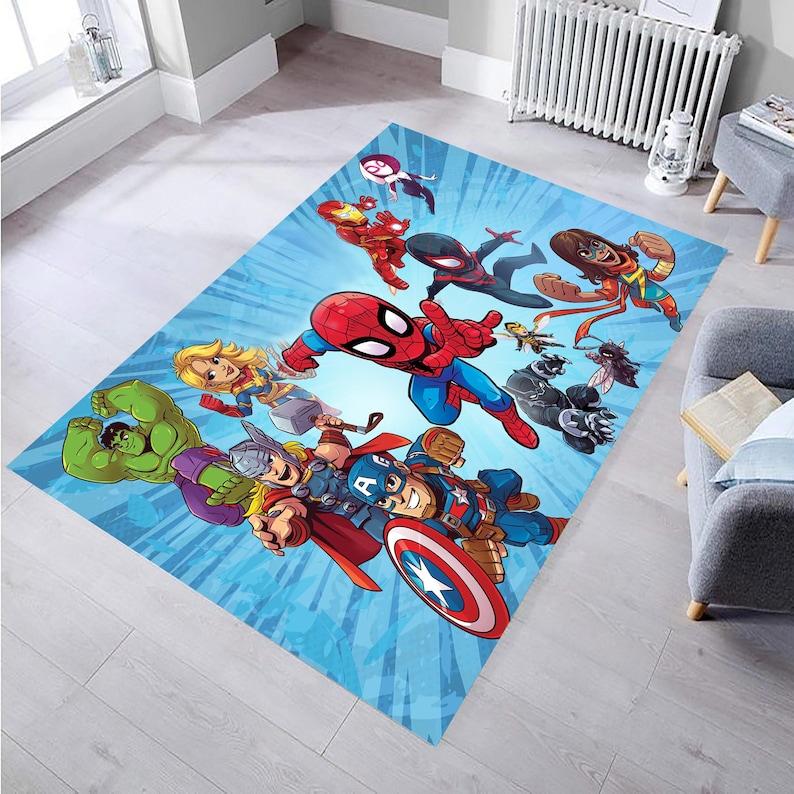 Superhero Kids Room Rug: Captain America, Spiderman, Hulk - Washable Microfiber