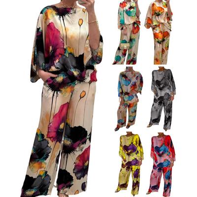 Women 2-Piece Top Pants Set Loose Printed Bat Sleeve Shirt Top Drawstring Wide-leg Pant Set