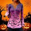 Women's Halloween Print V-Neck Long Sleeve Bell Sleeve Pleated Button Blouse