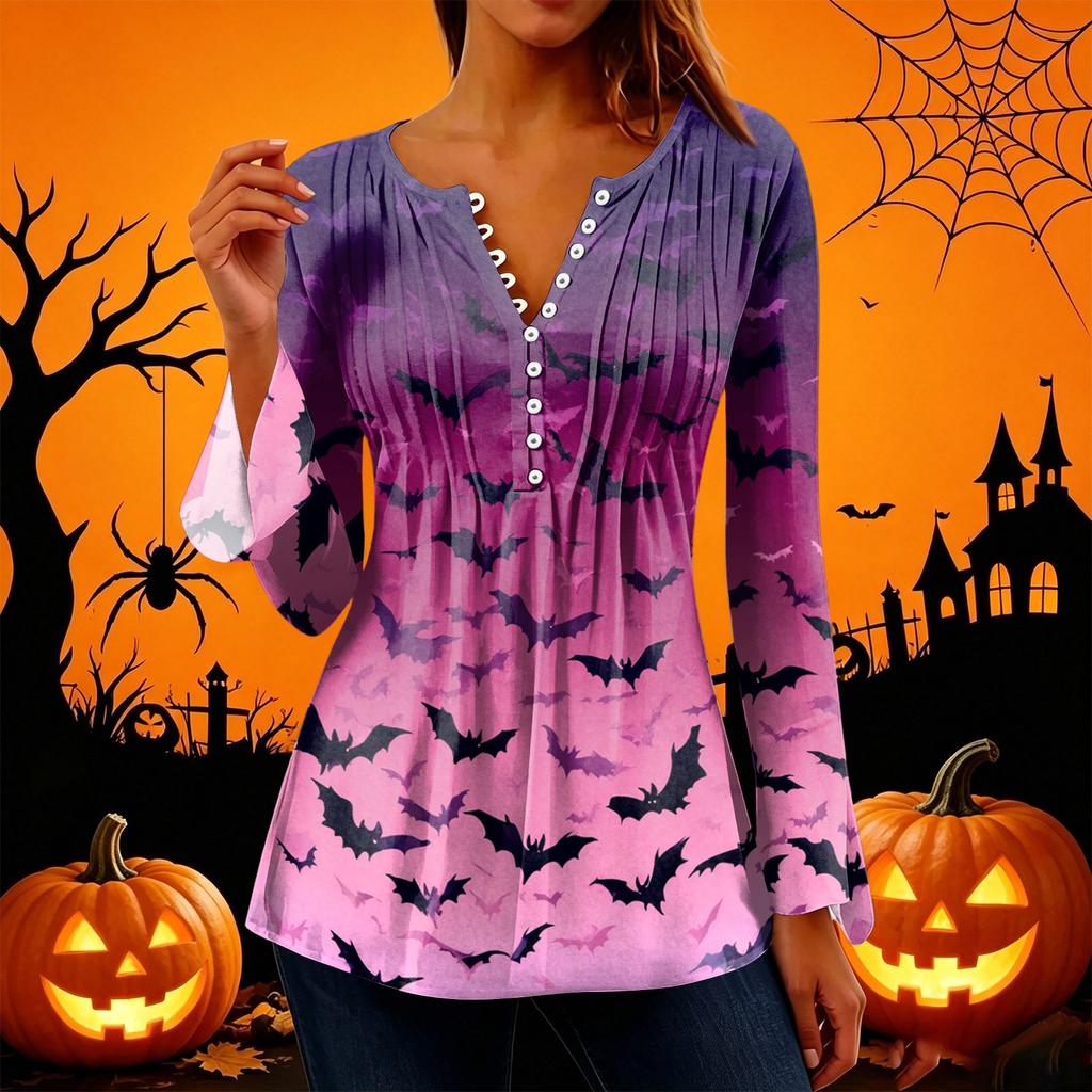 Women's Halloween Print V-Neck Long Sleeve Bell Sleeve Pleated Button Blouse