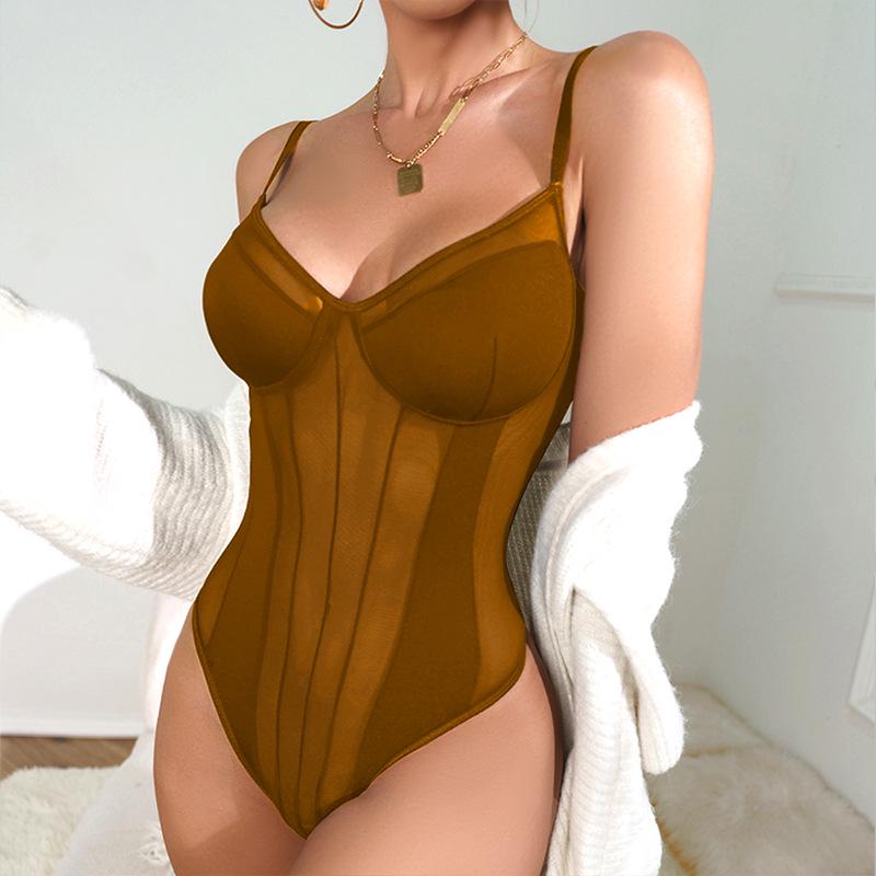 Sexy V-Ausschnitt Rückenfrei Mesh Patchwork Sommer Figurformendes Einteiliges Oberteil für Damen