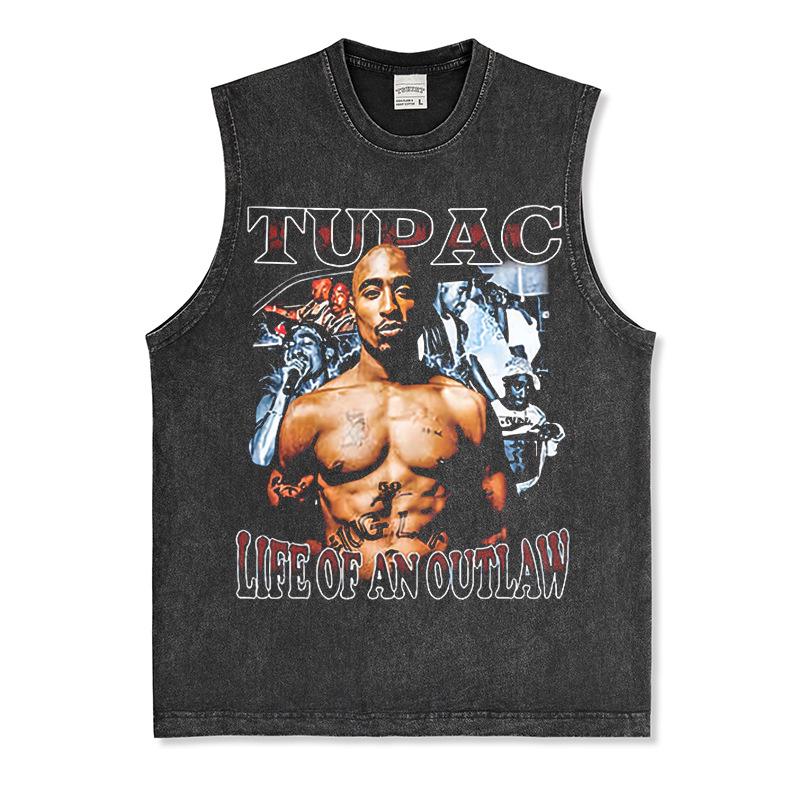 Canotta Senza Maniche Tupac Grafica Retro High Street Cotone Pesante