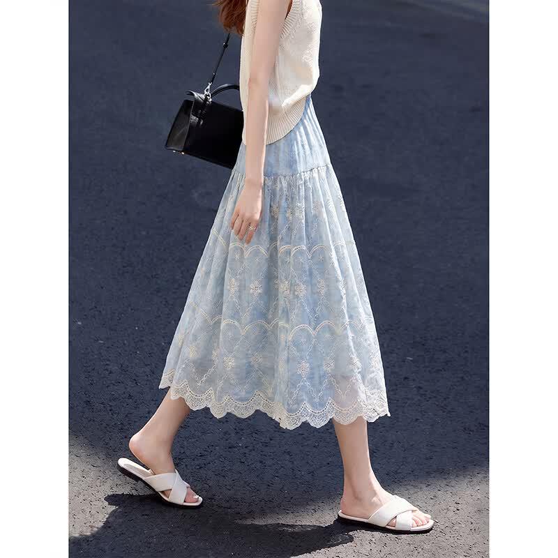 Awakened Paradise Summer Embroidered A-Line Midi Skirt