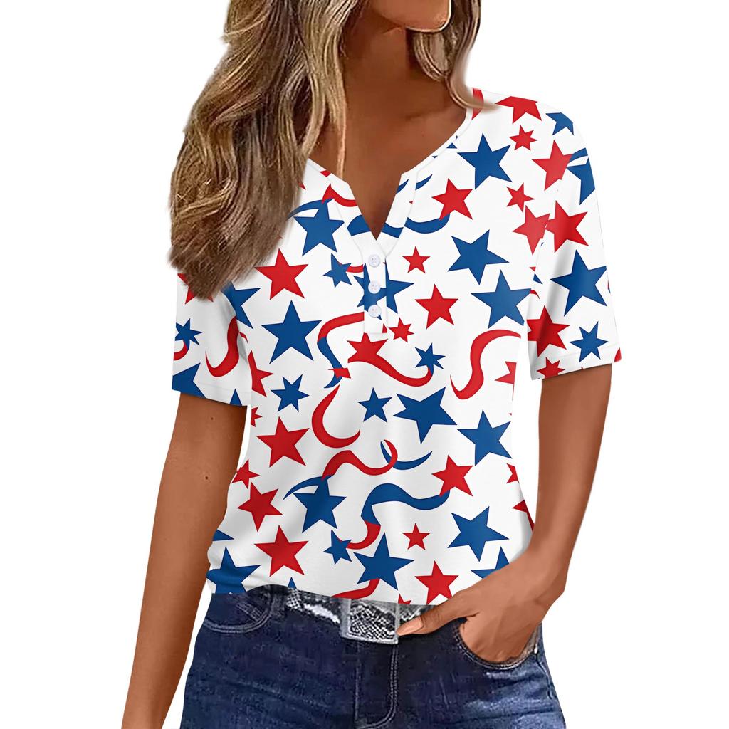 Women's T Shirt Independence Day Print Button Short Sleeve Daily Weekend Fashion Basic V- Neck Regular Top