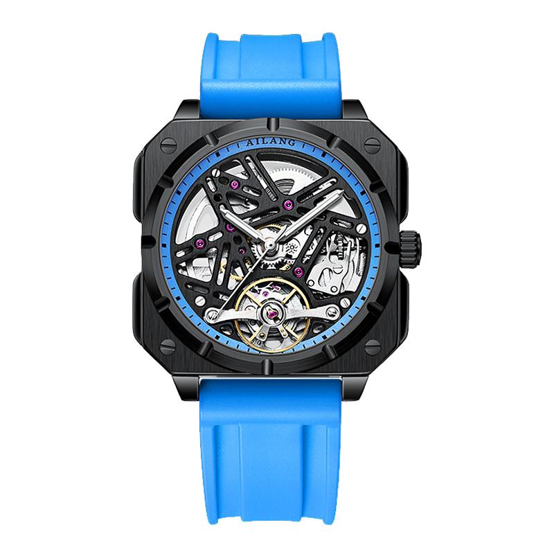 Square Dial Automatic Tourbillon Watch for Men Mechanical Skeleton Tourbillon Mens Watches Rubber Strap Top Brand Luxury