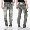 New Retro Nostalgic Straight Tube Trendy High-End Splicing Motorcycle Pocket With Frayed Elastic Jeans Pants For Men