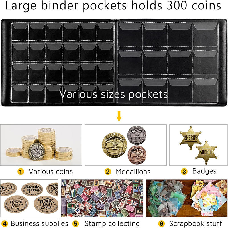 Coin Collection Supplies Holder Book for Collectors, 300 Bags Coin Collector Organizer Storage Box Case Album for 20/25/27