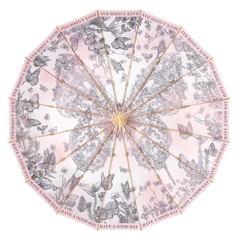 New 16 Bone Color Glue Fashion Parasol Psychedelic Butterfly Hand Open Solid Wood Handle Sun Protection Umbrella