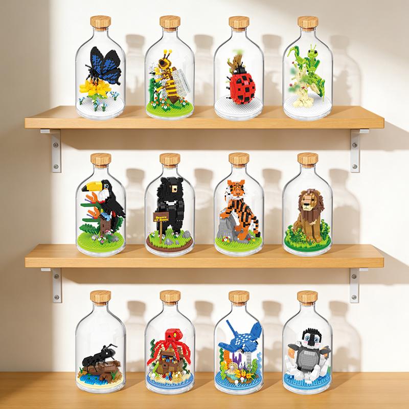 Non-Toxic New Product Simulation Animal Series Creative Children'S Toys Bottled Building Blocks Flamingo Seahorse Educational Gift Model