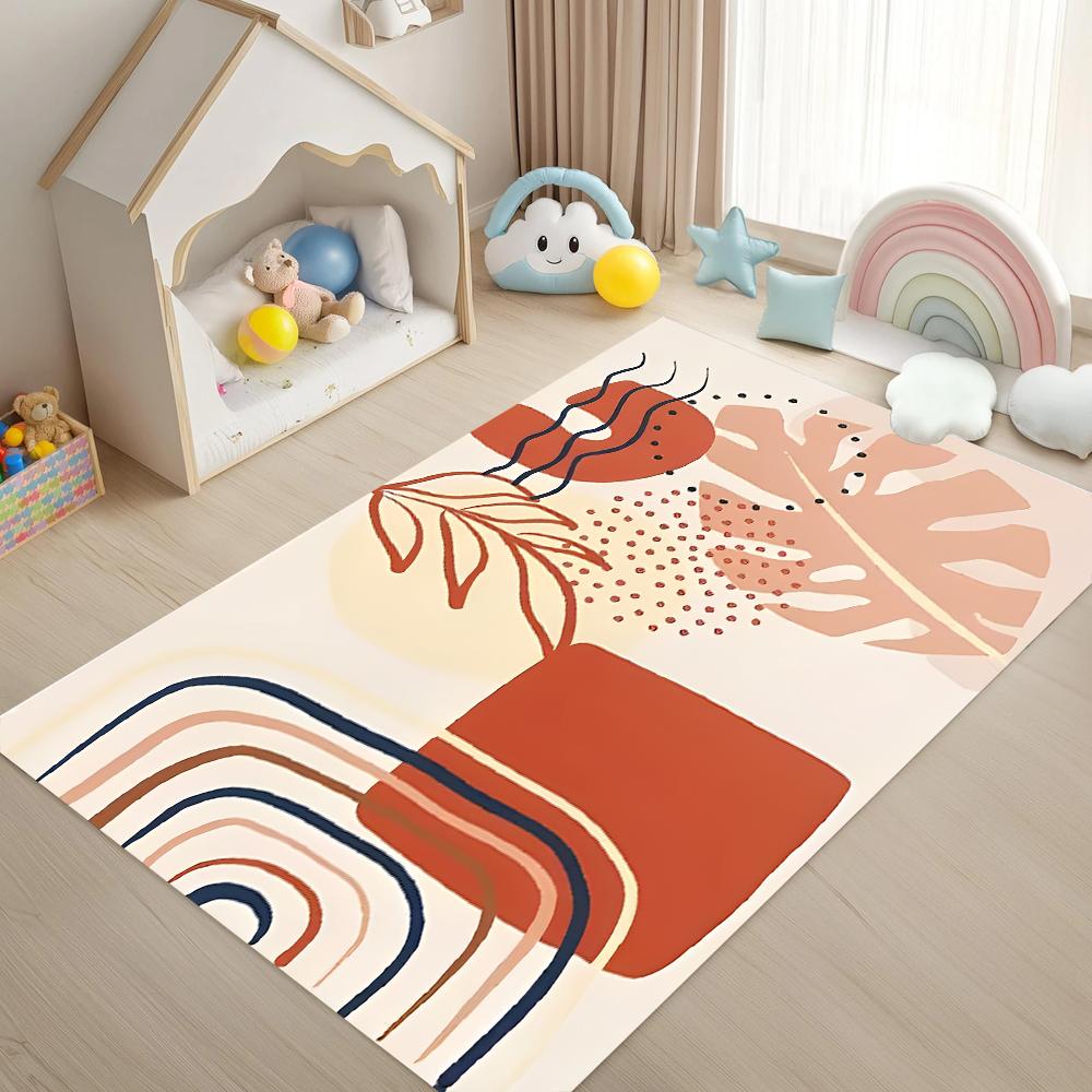 Modern Abstract Soft Color Block Carpet Minimalist Line Tropical Element Style Easy Clean Rug for Living Room Bedroom Home Decor