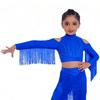 Girls Latin Dance Tops Tassels Long Sleeves Back Invisible Zipper Shiny Rhinestones Crop Top