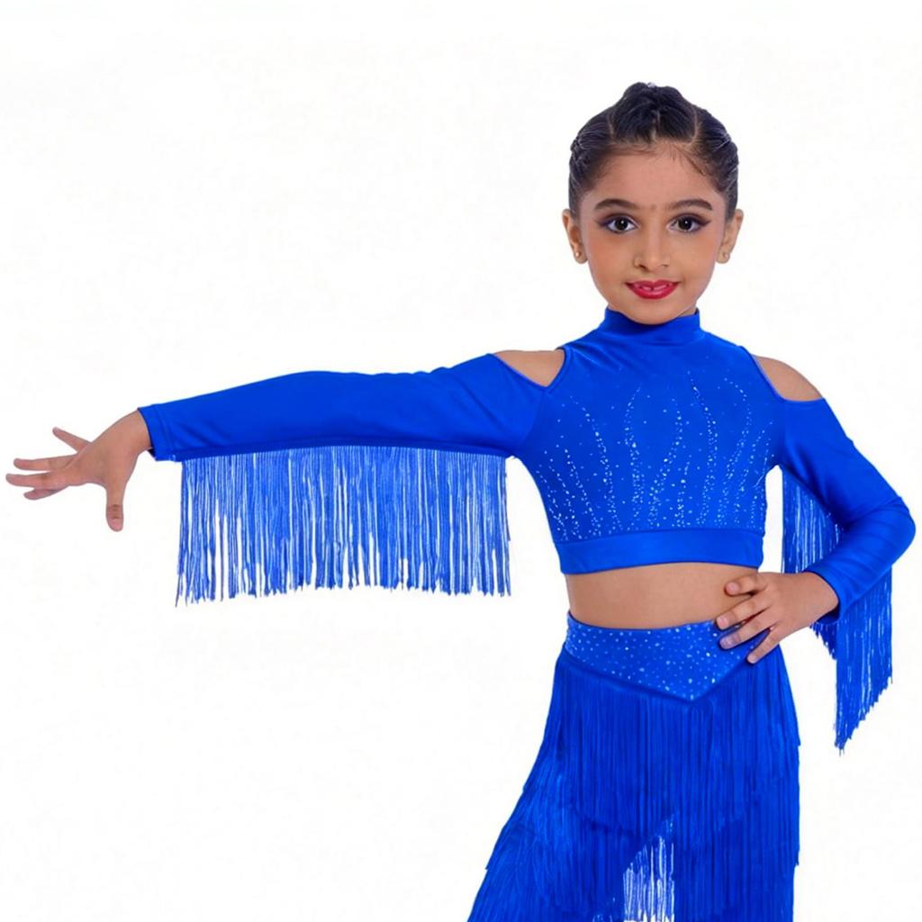 Girls Latin Dance Tops Tassels Long Sleeves Back Invisible Zipper Shiny Rhinestones Crop Top