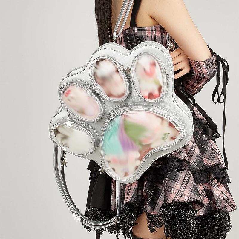 Y2K Cat Paw Print Multi-Pocket Korean Ulzzang Crossbody Backpack Large Capacity Sweet Cool Style Girls Fashion Shoulder Bag