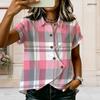 Women Plus Size Shirt Collar Short Sleeve White Gray Red Printed Button Front Cross Hem Blouse