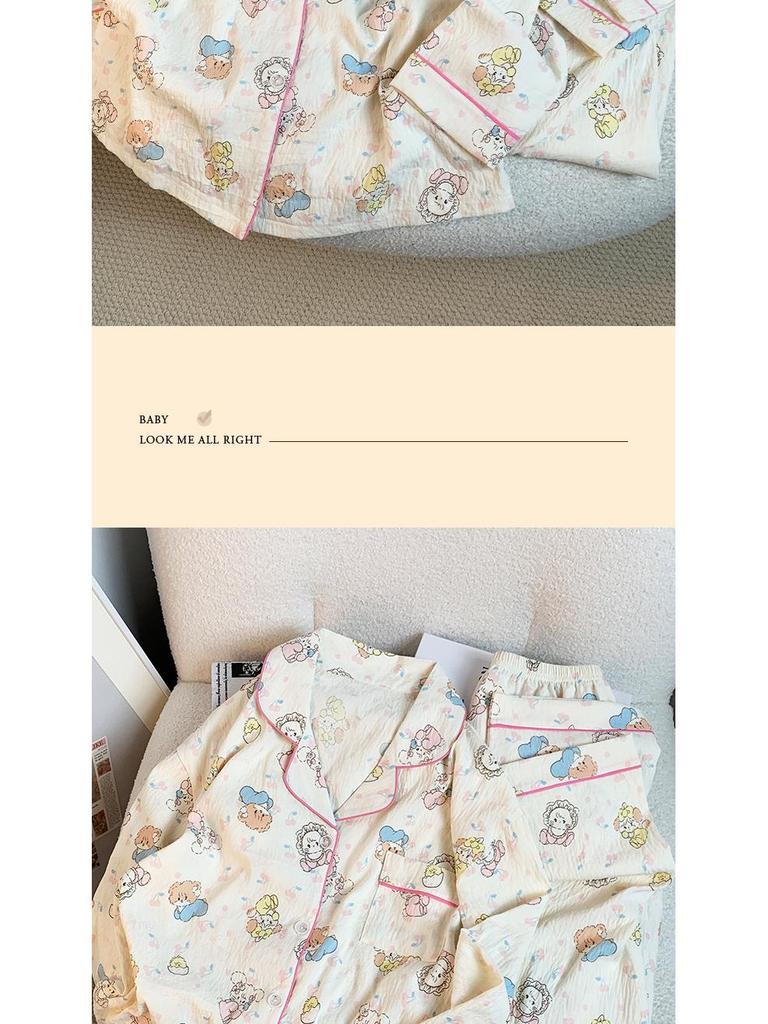Japanese-Style Cute Cat Print Cotton Pajamas for Women, Long-Sleeved Home Set for Spring & Autumn