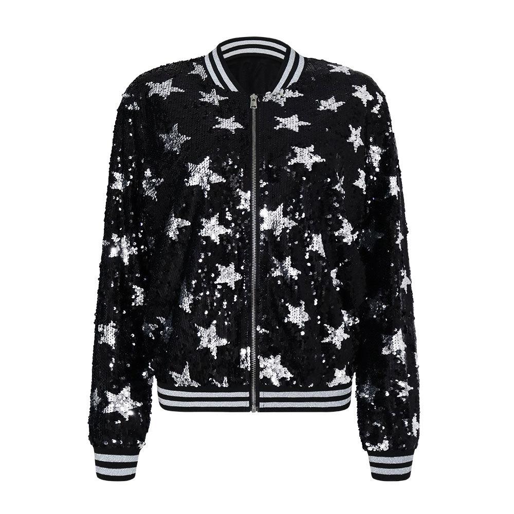Women's Jacket Autumn Sequin Decorated Stars Silver Embellished Zip Jacket