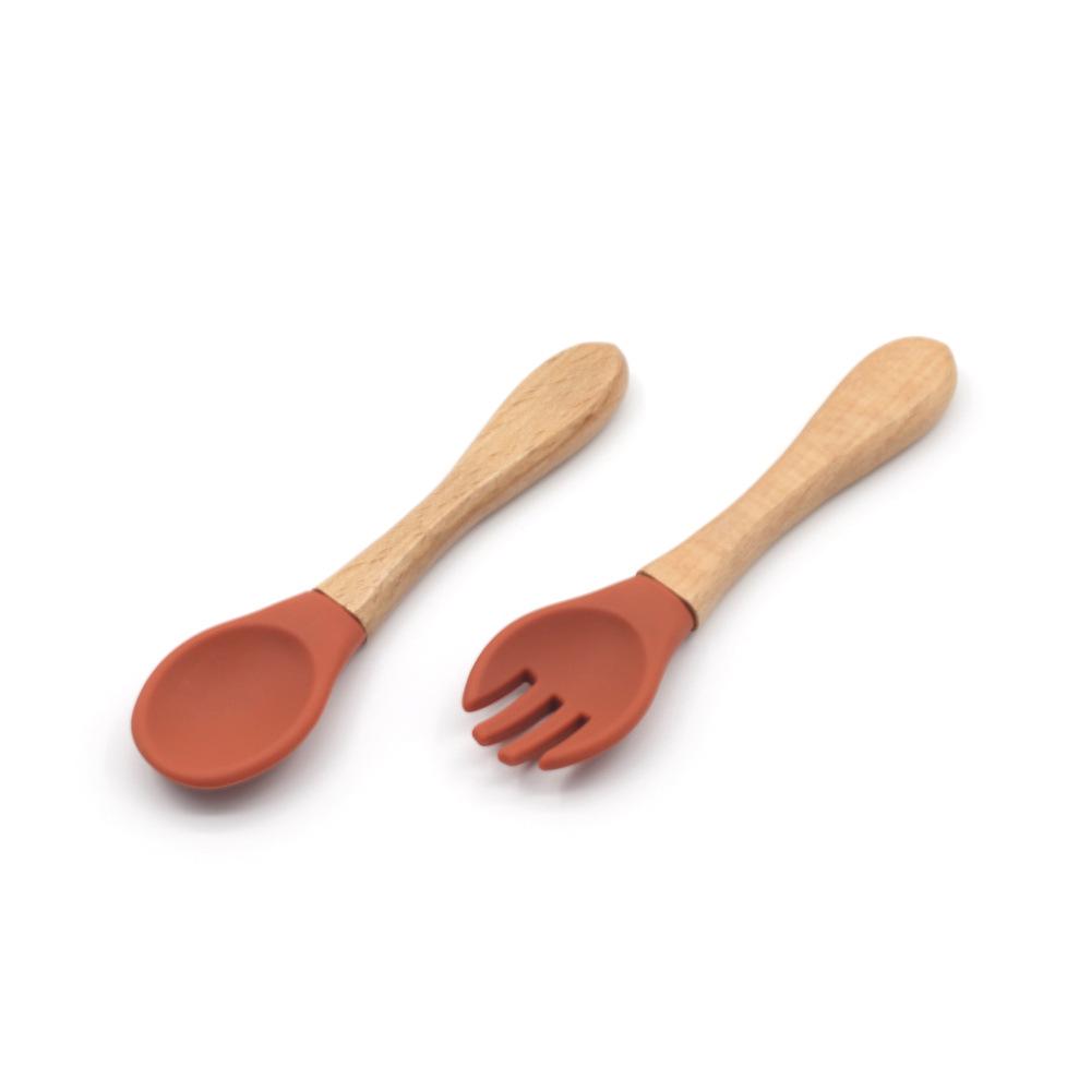 Silicone Baby & Toddler Tableware with Wooden Handle Fork & Spoon for Feeding Training