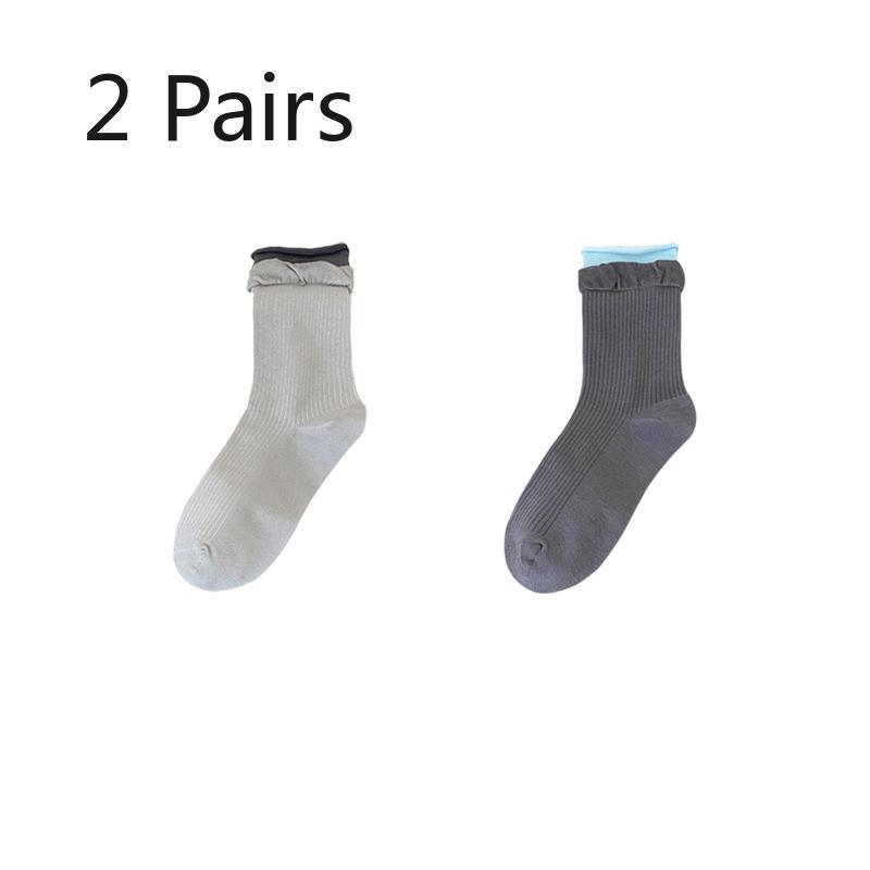 

2 пары женских новых летних носков-трубок из хлопка против пиллинга в стиле балетных с двойной подкруткой 2 Pairs светло-серый/темно серый