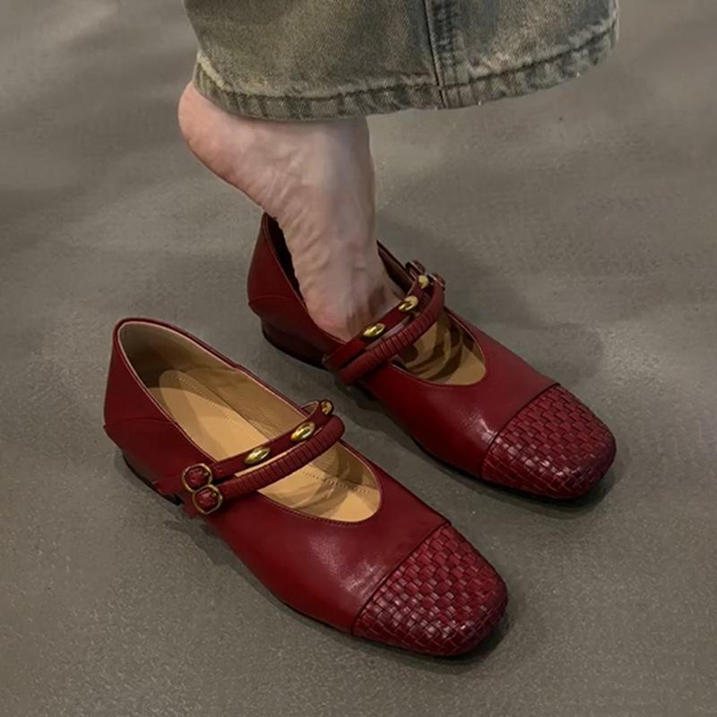 Sheepskin Version~ Genuine Leather Retro Hand-woven Flat-bottomed Shallow Mouth Single Shoes Women's Fashion New One-pedal Mary Jane Shoes