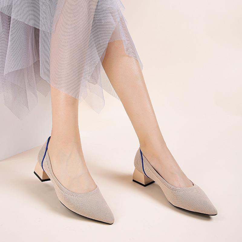 New thick heel knitted shoes temperament versatile fashion leopard print color matching pointed shoes woven shoes
