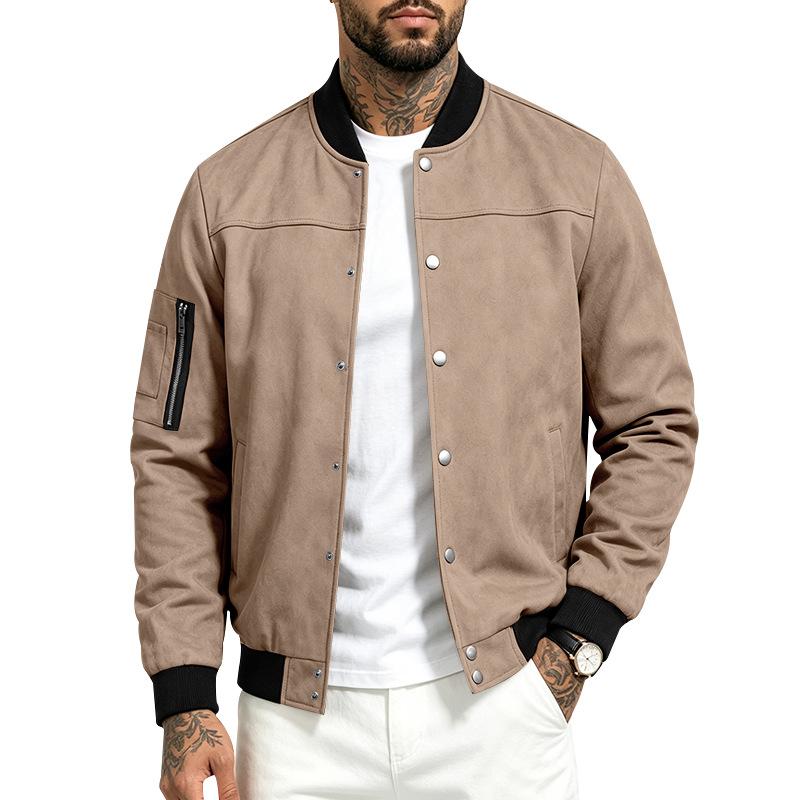 Men S Suede Flight Jacket Casual Loose Long Sleeve Workwear Baseball Coat