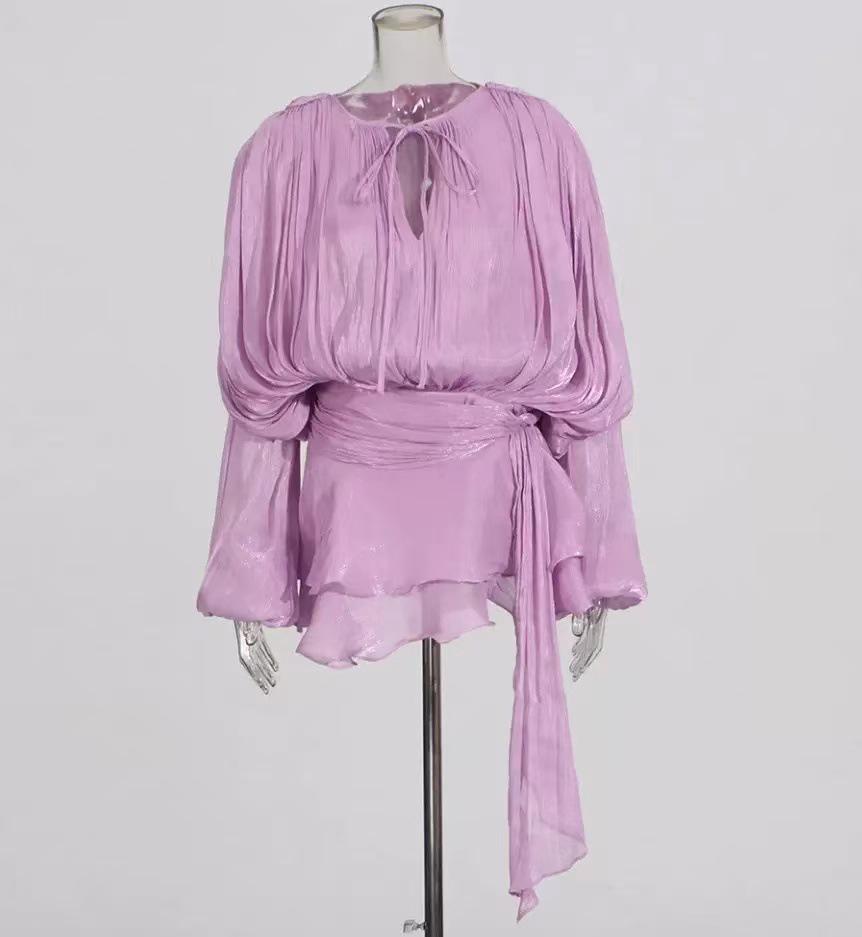 2025 French Style Puff Sleeve Ruffled Two-Piece Set with Pleated Short Skirt