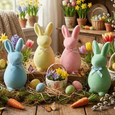 With Bow Easter Bunny Statue Plush Bunny Sculpture Handmade Bunny Ornaments  Home Decor