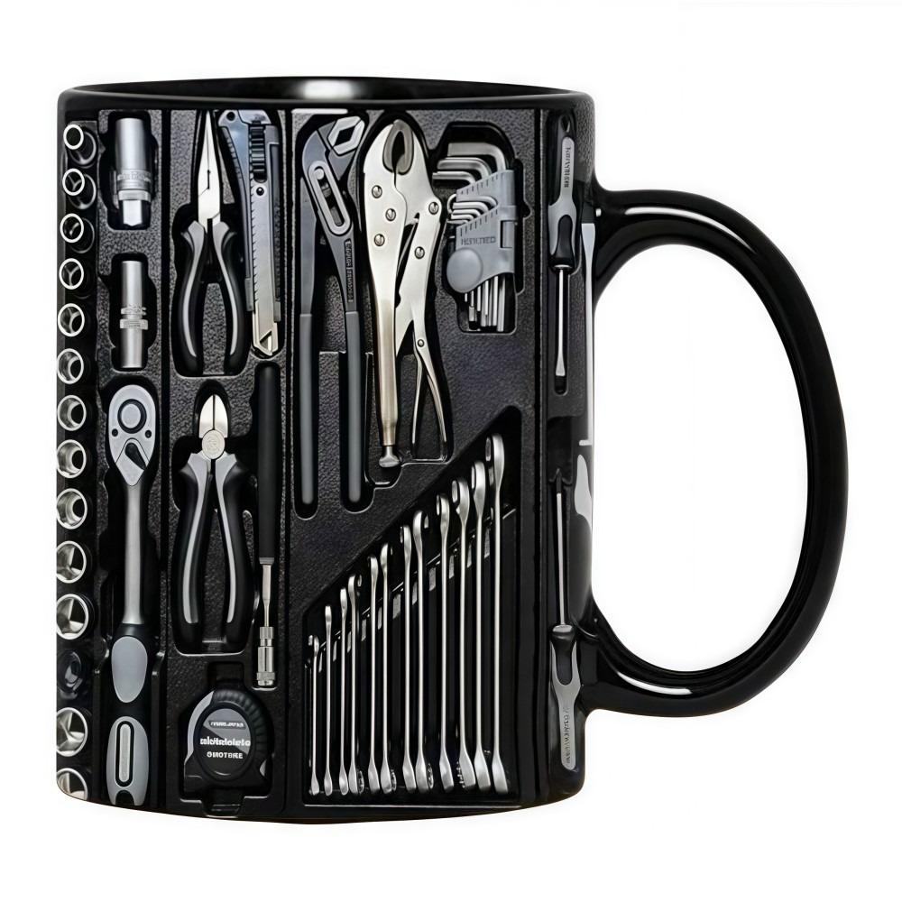 Tool Pattern Design Mechanic Coffee Mug Wrench Pattern Ceramic Flat Print Water Cup 325ML 11oz 2D Creative Tea Cup Gifts for man