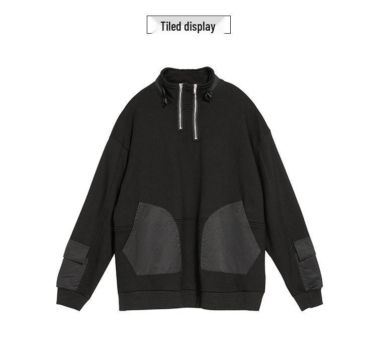 Black Street Style Slimming Pullover with Patch Pockets