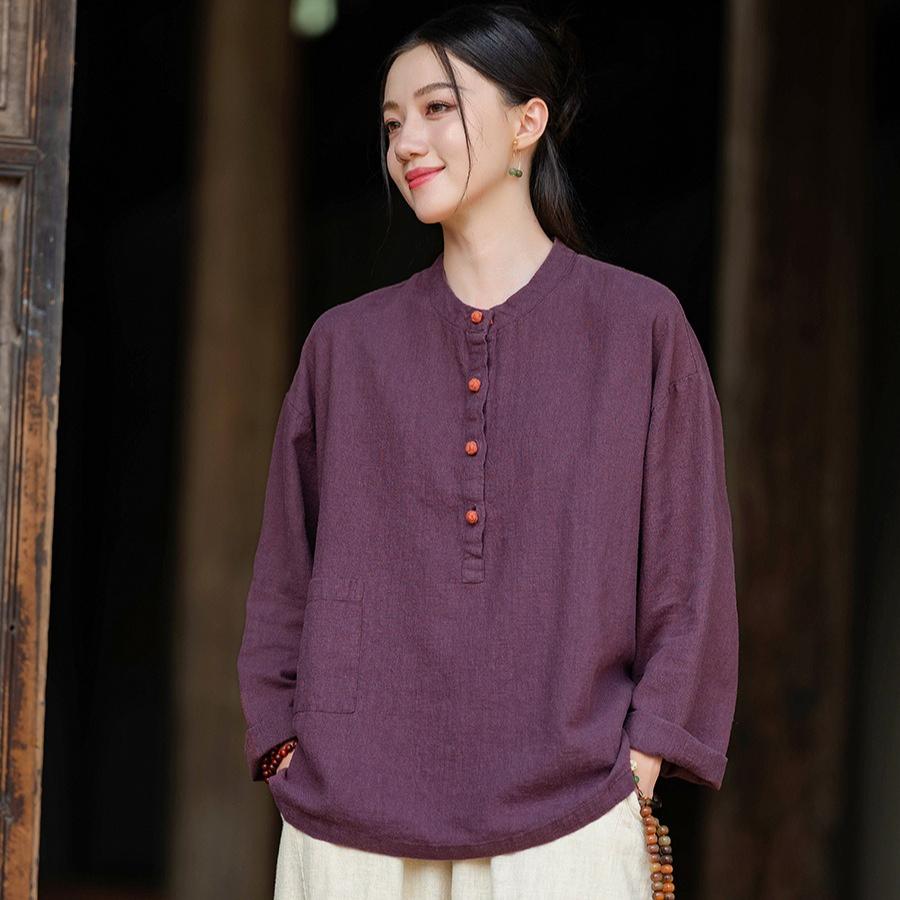 Herbst Baumwolle und Leinen Damen Leinen Stehkragen Farbblock Tellerverschluss Pullover Übergröße Bluse Damen Baumwolle und Leinen Hemd