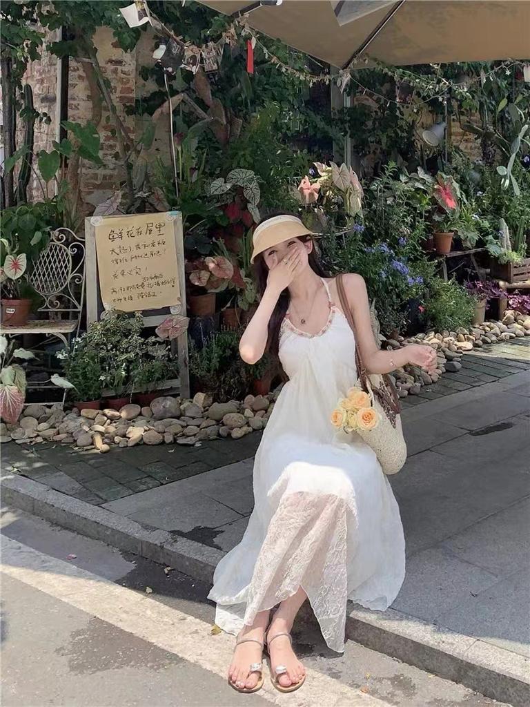 [Original Fabric] Pure Desire Neck Chiffon Dress Women's Summer Seaside Vacation French Halter Skirt White Long