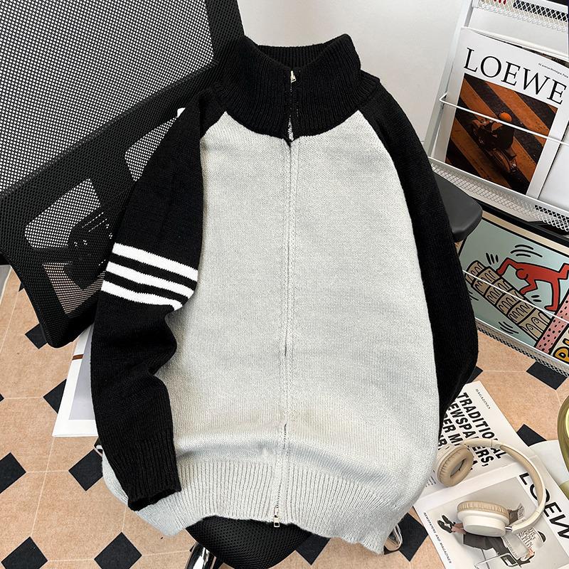 

Men s Trendy Color Block Cardigan Sweater with Stand Collar - Knit Jacket, Fleece Lined for Casual Winter/Spring/Autumn 2025. XL