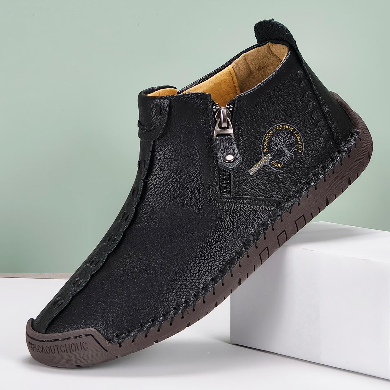 

New Classic Handmade Leather Men Shoes Zipper Design Outdoor Sneakers Slip On Casual Shoes Leather Breathable Men Ankle Boots 39