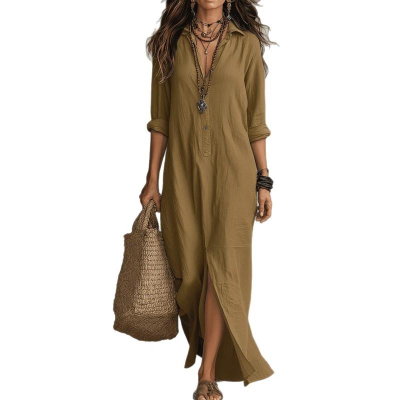 Boho Chic Long Maxi Dress With Shirt Collar Button Front Loose Fit Travel Casual Wear
