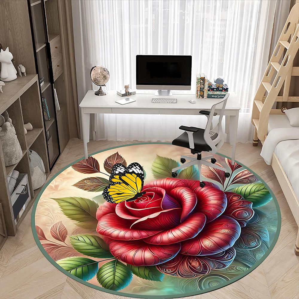 1pc Rose ButterflyChair Carpet for Office, Indoor Non-Slip Washable Polyester Fiber Carpet, Mat For Office, Machine Washable