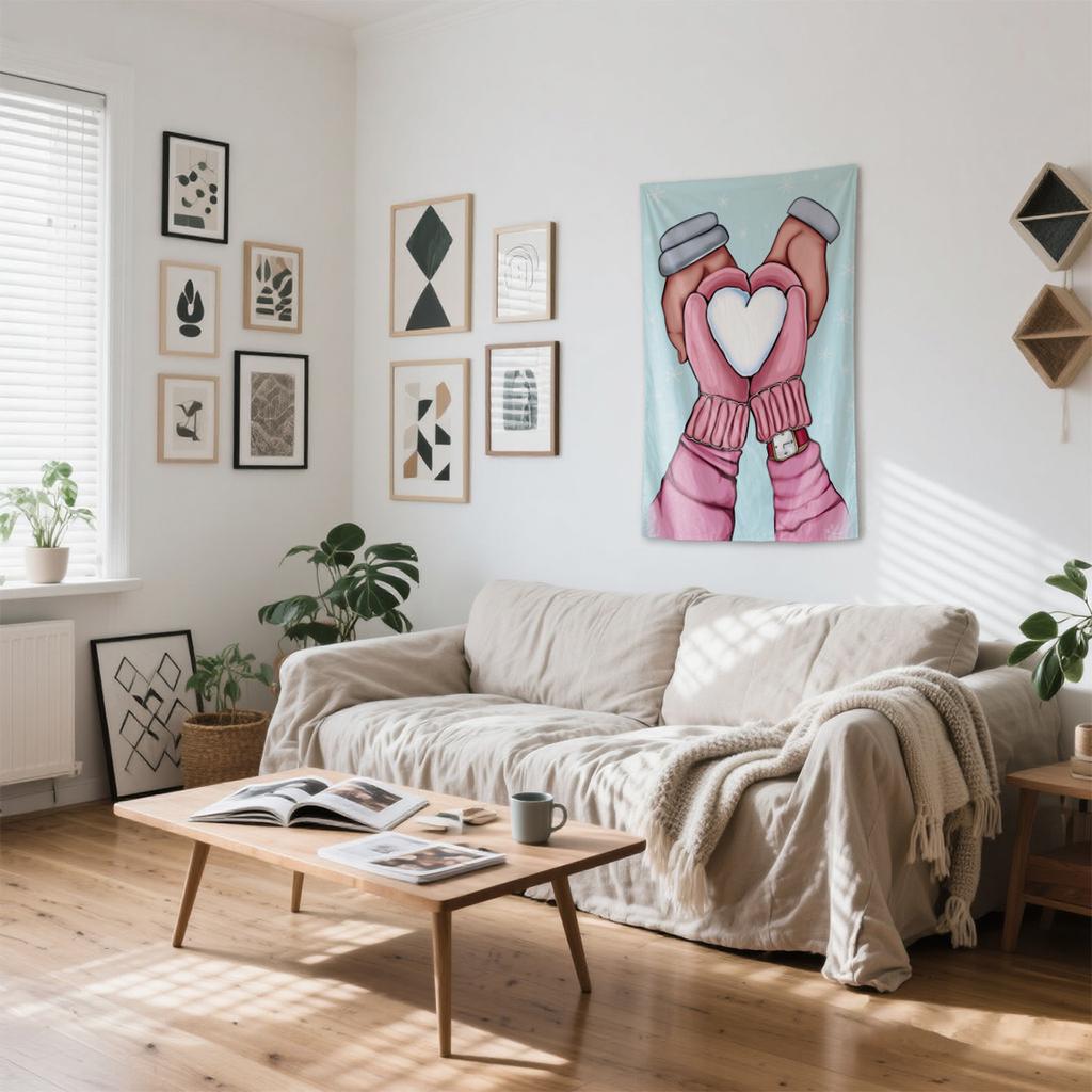 Hands heart snow pattern Digital printing polyester wall tapestry suitable for use in living rooms bedrooms offices bars party