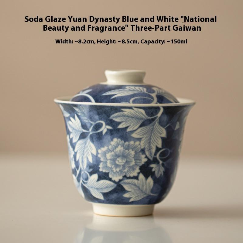 Soda Glaze Yuanqinghua Household Crackling Ceramic Three-Talent Tea Bowl with Lid Tea Cup Handheld Bowl Kung Fu Tea Set Gaiwan