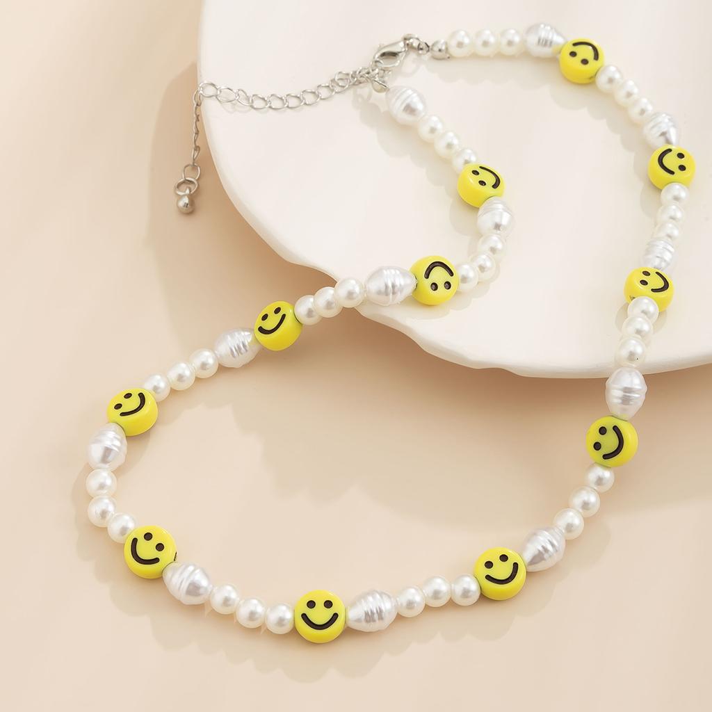 Vintage Imitation Pearl Smile Face Necklace For Men Women Punk Gothic Hiphop Zircon Beads Chain Trendy Neck Accessories Gift