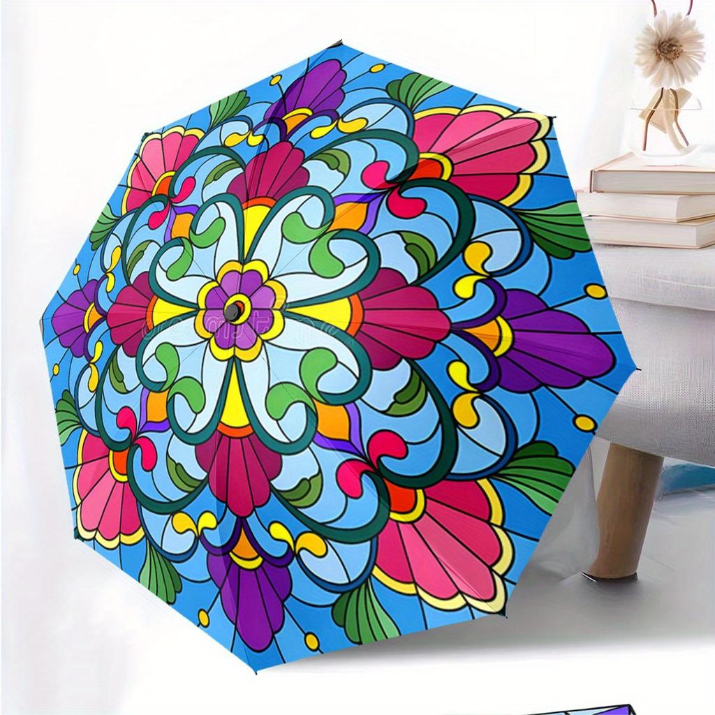 Automatic Open/Close Umbrella with Mandala Floral Pattern - Compact Folding Umbrella, Portable Travel Umbrella with 8-Rib Stro