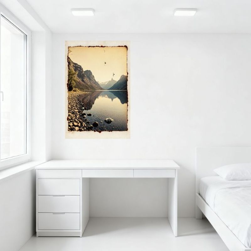 Vintage Lake Mountain Landscape Tin Sign, Rustic Snow-Capped Peaks & Calm Water Reflection Metal Poster, Antique Worn Border for