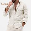 Fall Spring Men Shirt Retro Single-breasted Lapel Long Sleeves Cardigan Chest Pockets Buttons Washed Solid Color Mid Length Top