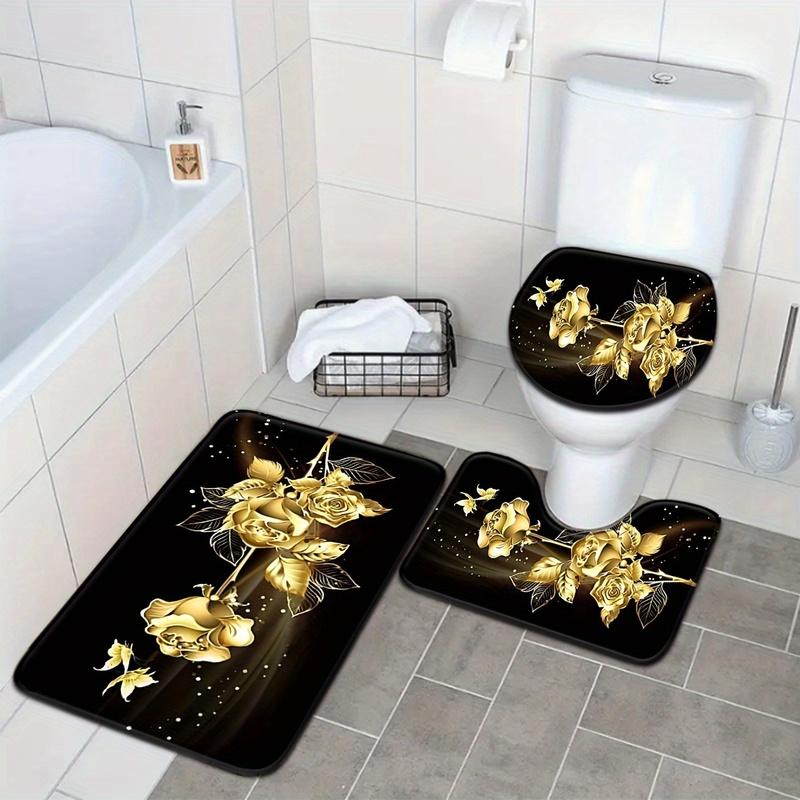 3pcs Golden Rose Butterfly Bathroom Rug Set Non-Slip U-Shaped Mat and Toilet Lid Cover Black Gold Theme Washable Floor Mats