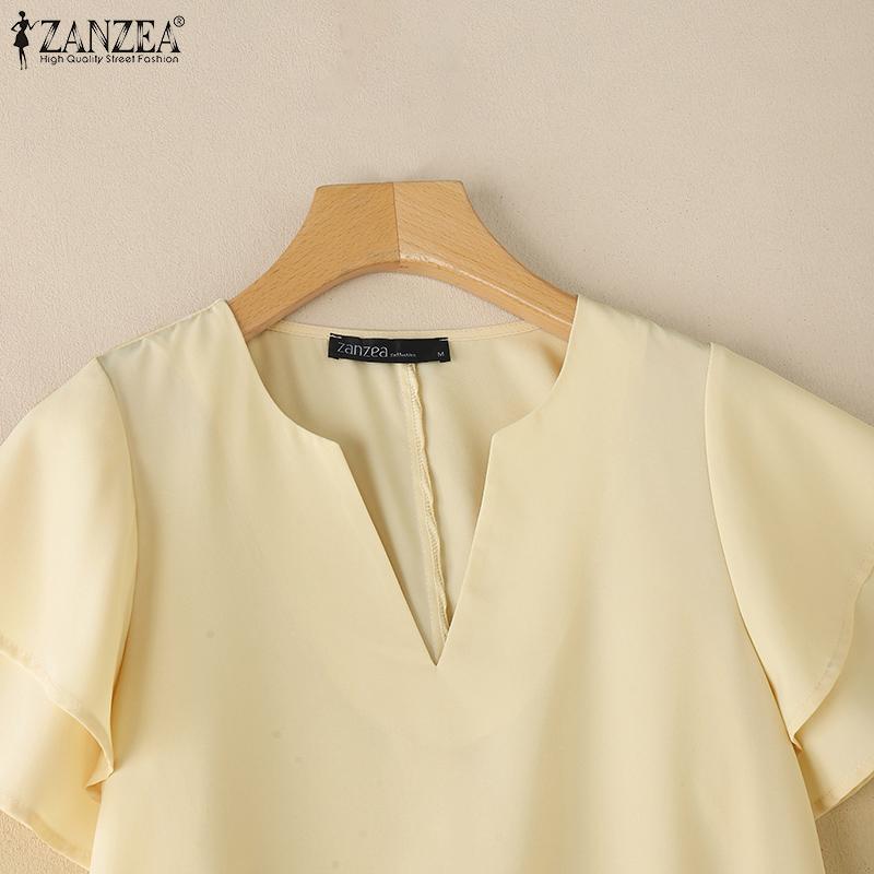 ZANZEA Bluză de vară casual pentru femei cu gât în V, volane și mâneci scurte