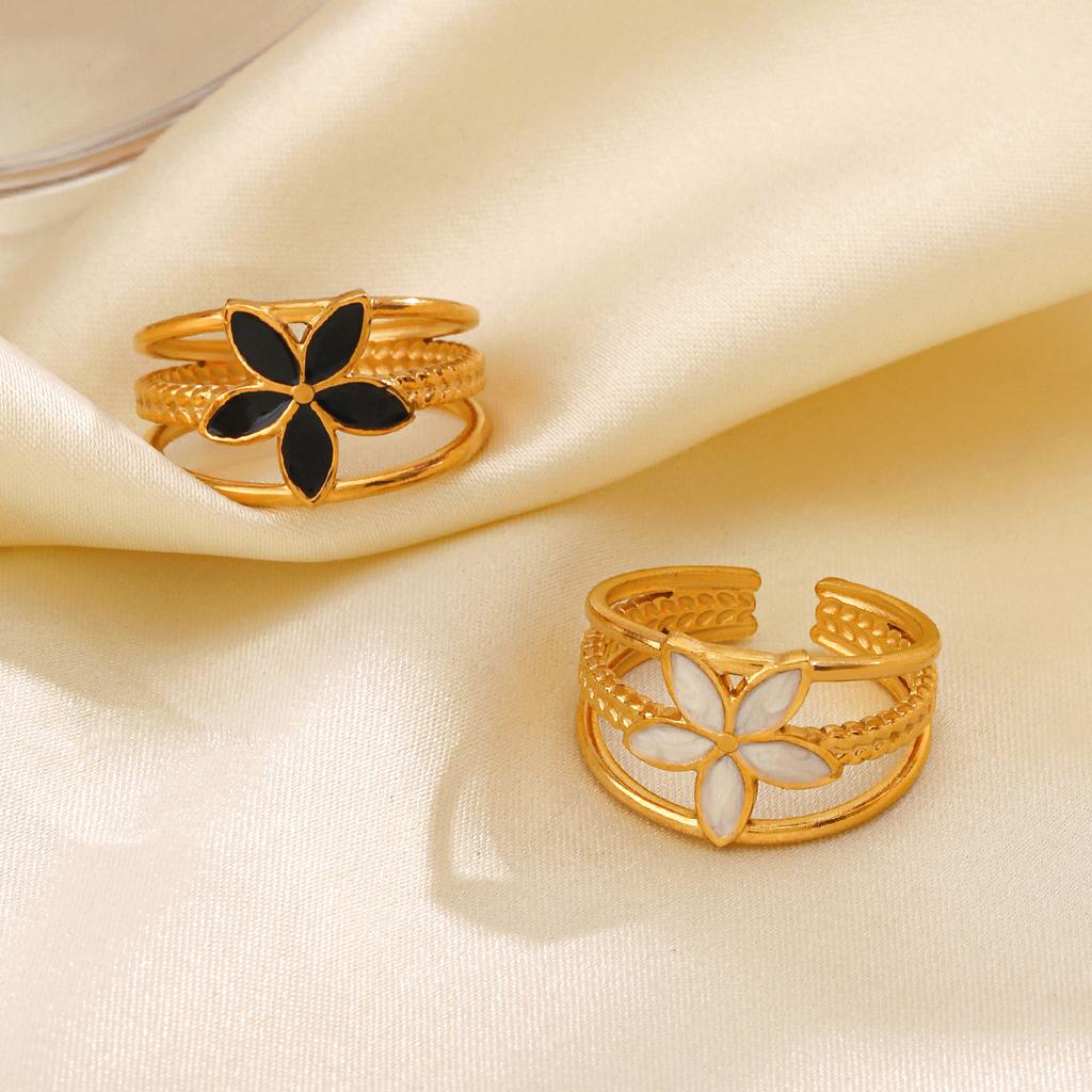 Stainless Steel Vintage Metal Flower Rings for Women Open Enamel Rings Adjustable Drip Oil Flower Multilayer Zircon 2024 New